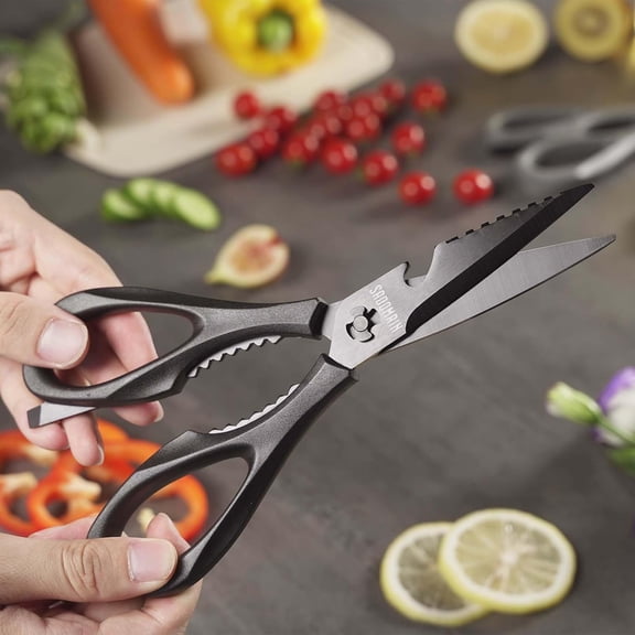 DFVYU-Kitchen Scissors All Purpose, Extra Sharp Kitchen Shears with Knife Sharpener & Sheath, Solid & Durable Stainless Steel Scissors with ANTI-RUST Black Titanium Plated, Dishwasher Safe - Grey
