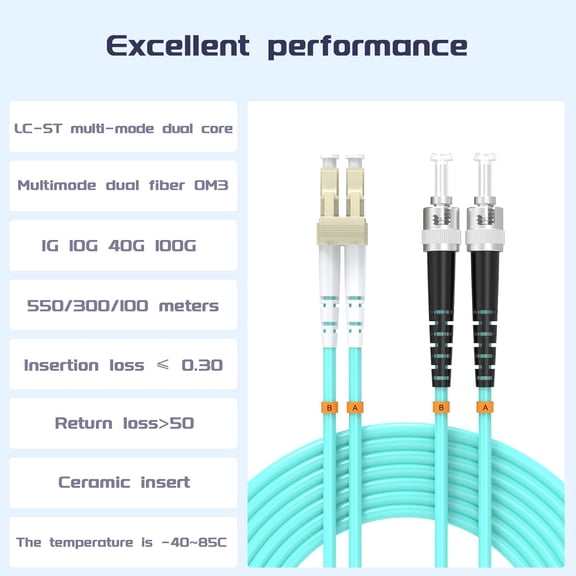 DFVYU-LC/UPC to ST/UPC Fiber Patch Cable OM3 6ft/1.8meters, 10Gb/Gigabit MultiMode Duplex Jumper 50/125m LSZH Fiber Optic Cable Cord for SFP Transceiver, Aqua