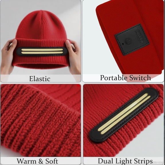 DFVYU-LED Beanie with Light 230 Wide Beam USB Rechargeable Headlamp Beanie, Warm Winter Knitted Cap for Men & Women, Outdoor Gear & Gifts (Red)