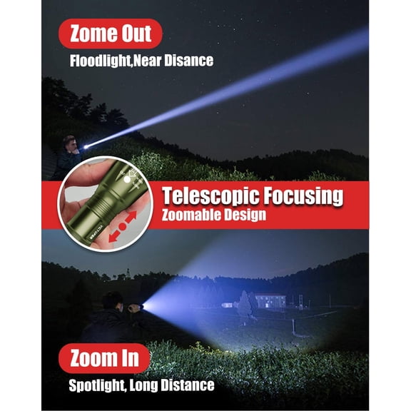 DFVYU-LED Flashlight 2 Pack Green, Bright Tactical Torch High Lumens 5 Modes, Waterproof Zoomable Flash Light for Outdoor, Birthday Gifts for Men, Dorm Room Hiking Camping Essentials Gear for Guys