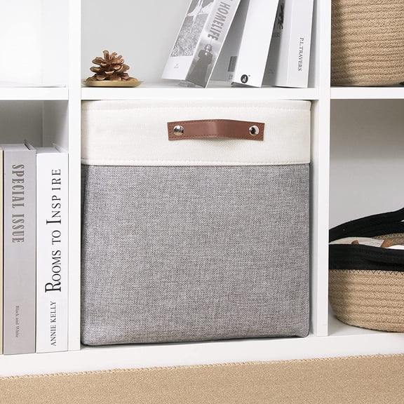 DFVYU-Large Cube Storage Bin 13x13 Fabric Square Basket for Organizing, 13 inch Storage Cube for Closet, Laundry, Shelves(White&Gray)