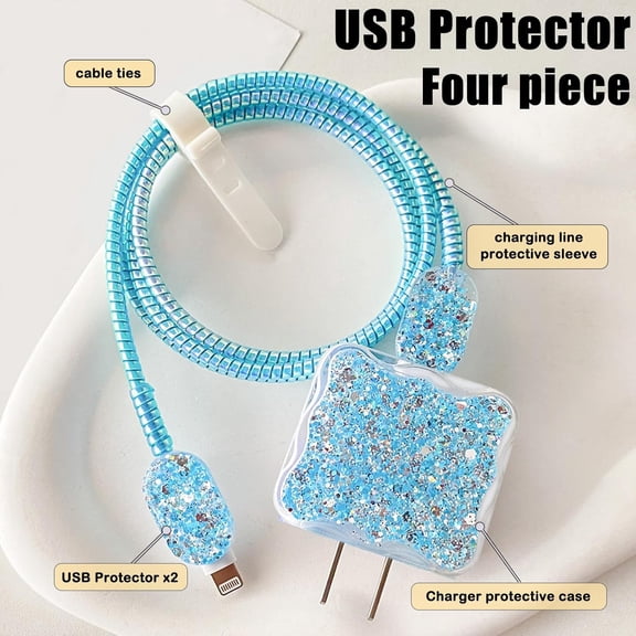 DFVYU-Luxury Cable Protector Compatible for iPhone Charger Glitter Wave Edge Design,Data Line USB Case Wire Cable Saver Phone Charger Protector for iPhone XR 8 11 12 13 14 Plus Pro Max - Blue