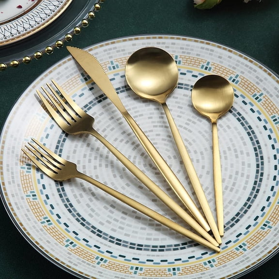 DFVYU-Matte Gold Silverware Set 20 Pieces, Stainless Steel Golden Flatware Set, Titanium Plating Cutlery Set, Matte Gold Utensil Sets, Service Set for 4 (Matte Golden)