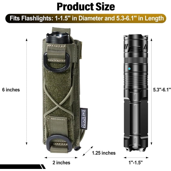 DFVYU-OneTigris Flashlight Holster, Tactical MOLLE Pouch with Adjustable Bungee, Fits Flashlight (for Fenix TK16 PD36R, Streamlight ProTac HL-X), Duty Belt Holder for 0.8"-1.7" Dia Gear