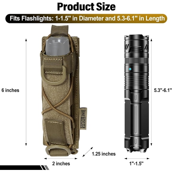 DFVYU-OneTigris Flashlight Holster, Tactical MOLLE Pouch with Adjustable Bungee, Fits Flashlight (for Fenix TK16 PD36R, Streamlight ProTac HL-X), Duty Belt Holder for 0.8"-1.7" Dia Gear