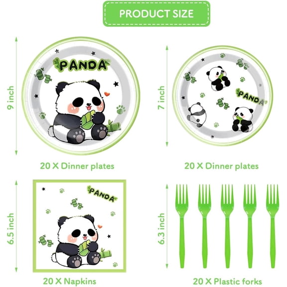 DFVYU-Panda Birthday Party Supplies Set Includes 20 9-Inch Dinner Plates, 20 7-Inch Dessert Plates, 20 Napkins, And 20 Dinner Forks Panda Party Tableware, Serves 20 Guests