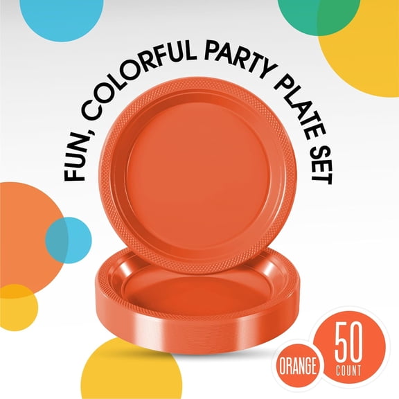 DFVYU-Party Solids Orange Plastic Plates For Party Supplies 7" Orange Disposable Plates Heavy Duty 50 Pcs Plastic Dinnerware Sets Heavy Duty 350 GSM Disposable Dinnerware Set