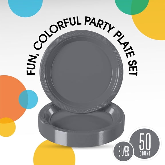 DFVYU-Party Solids Silver Plastic Plates For Party Supplies 7" Silver Disposable Plates Heavy Duty 50 Pcs Plastic Dinnerware Sets Heavy Duty 350 GSM Disposable Dinnerware Set