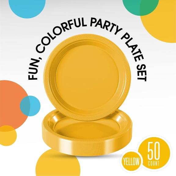 DFVYU-Party Solids Yellow Plastic Plates For Party Supplies 7" Yellow Disposable Plates Heavy Duty 50 Pcs Plastic Dinnerware Sets Heavy Duty 350 GSM Disposable Dinnerware Set