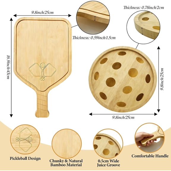 DFVYU-Pickleball Charcuterie Board Set - Pickleballer Gift Bamboo Cutting Board for Women 17 X 9.85 Paddle Boards with Handle & 8.5 Round Snack Tray Gifts for Pickleball Love Kitchen Gifts