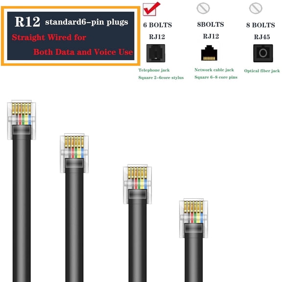 DFVYU-RJ12 Cable Phone Cord RJ12 6P6C Male to Male Straight Wired for Both Data and Voice Use - 2Pack (Black, 10FT)