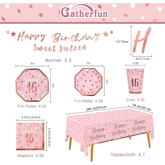 DFVYU-Rose Gold & Pink Sweet 16 Birthday Bundle: Party Supplies Set with paper Plates, Napkins, Cups, Tablecloth & Banner - Sweet Sixteen Decorations, Party Favors Serves 25