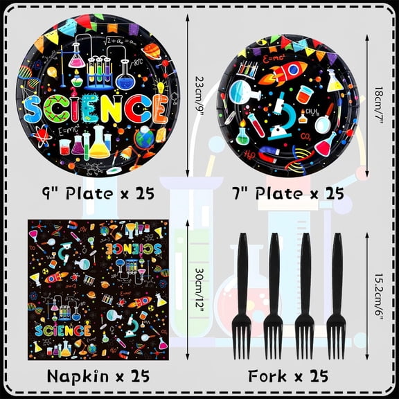 DFVYU-Science Party Supplies, Including Dinner Plates, Dessert Plates, Napkins, Forks , for Boy Girl Scientist Lab Decoration Serves 25 Guests