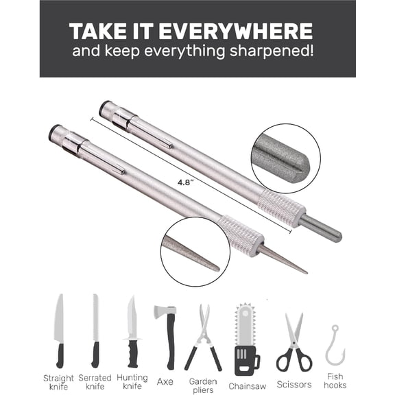 DFVYU-Serrated Knife Sharpener - Retractable Diamond Rod Pocket Sharpener for Serrated & Straight Blades - Multifunctional Sharpening Tool for Outdoor Kitchen Fishing Hunting (Silver)