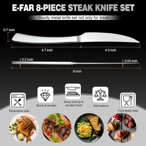 DFVYU-Serrated Steak Knives Set of 8, Stainless Steel Dinner Knife for Home Kitchen Restaurant, 9-Inch Table Knife with Ergonomic Handle and Sharp Tip & Blade, Mirror Silver and Dishwasher Safe