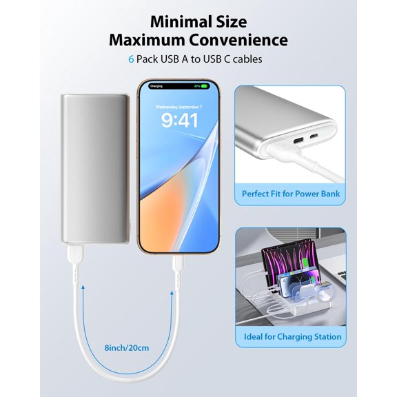 DFVYU-Short USB C Cable,6 Pack 8 Inch USB A to USB C Cables,Short Type C Fast Charging Cables,Compatible with lPhone,Galaxy,lPad,Laptop,Charging Station and Power Bank Accessory(White)