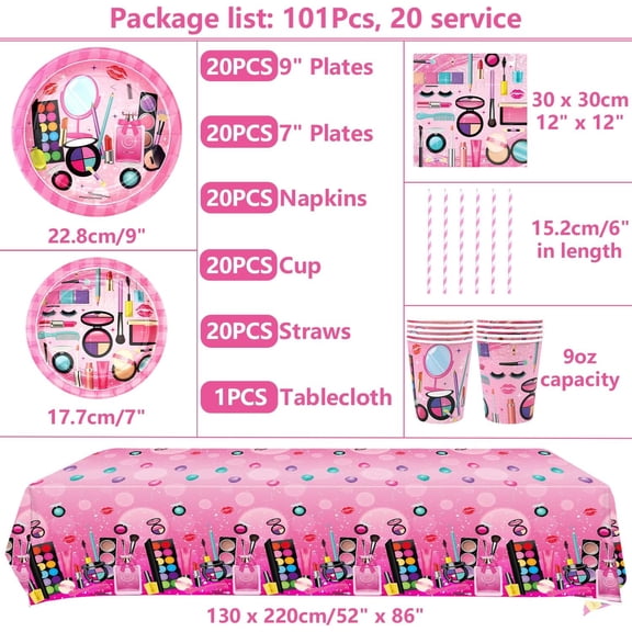 DFVYU-Spa Party Supplies - Makeup Theme Party Tableware - Dinner Plates Desserts Plates Cups Napkins Spa Makeup Tablecover Straws for Girls Women Slumber Pamper Spa Birthday Party Decoration, Serves