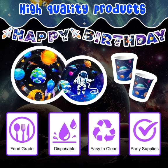 DFVYU-Space Party Tableware for 24 Guests, Outer Space Birthday Party Supplies, Space Party Plates Napkins Tablecloth Banner Garland etc Outer Space Tableware for Space Birthday Party Decorations