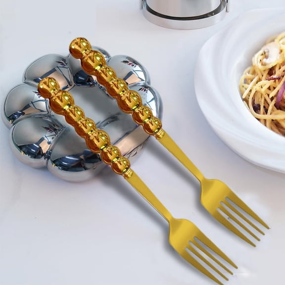 DFVYU-Stainless Steel Forks, Ceramic Handle Forks, Korean Dessert Fork with Imitation Pearl Handle, 7.5 Inches,4 Pieces (Gold)