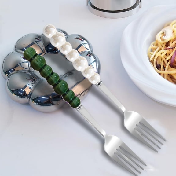 DFVYU-Stainless Steel Forks, Ceramic Handle Forks, Korean Dessert Fork with Imitation Pearl Handle, 7.5 Inches,4 Pieces (White)