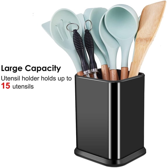 DFVYU-Stainless Steel Kitchen Utensil Holder for Countertop, Spoon Spatula Organizer,Modern Rectangular Large Cooking Utensil Caddy Counter,Utensil Crock (Stainless Steel Black)