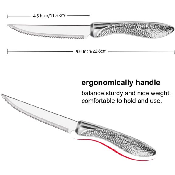 DFVYU-Steak Knives Set of 6, Stainless Steel Serrated Sharp Blade Steak Knife Set, Hammered Pattern Handle,4.5 In,For Kitchen Restaurant Tableware, Dishwasher Safe