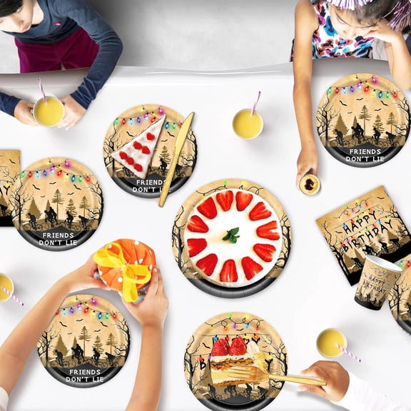 DFVYU-Stranger TV Tableware Set, Movie Theme Happy Birthday Table Decorations, Including 9 and 7 Paper Plates, Paper Cup, Napkins, Fork, Knife, Spoon, Theme Party Decoration for Boys & Girls