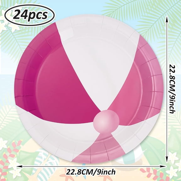DFVYU-Summer Beach Ball Paper Plates Pool Party Disposable Plates Pink White Dessert Plates 9 Inch for Sport Party Supplies Table Decor, 24Pcs
