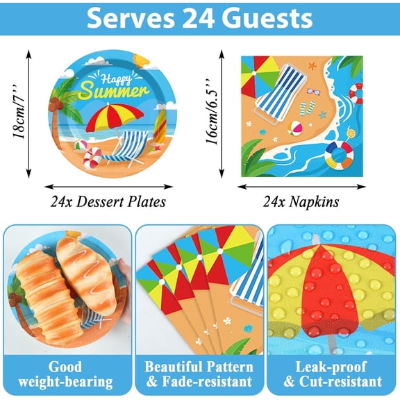 DFVYU-Summer Party Supplies Serves 24 Beach Luau Party Paper Plates Napkins Hawaiian Tablecloth Set Tableware Kit for Pool Party Birthday Tropical Dinner