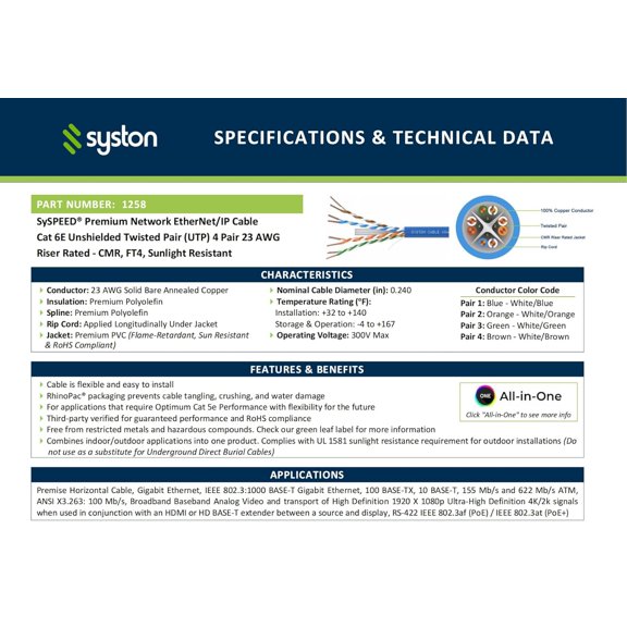 DFVYU-Syston Cat6e Ethernet Internet Cable Patch - 10 FT Blue, 600MHz 23AWG 4pr UTP Solid Bare Copper Wire Indoor/Outdoor PoE PC Laptop, CMR Riser-Rated Sunlight Resistant RoHS Compliant UL ETL Certi