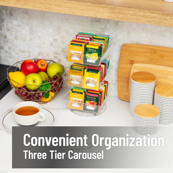 DFVYU-Tea Bag Carousel, 3 Tier Clear Acrylic Organizer with 12 Compartments, 360 Rotating Tea Station for Countertop Storage