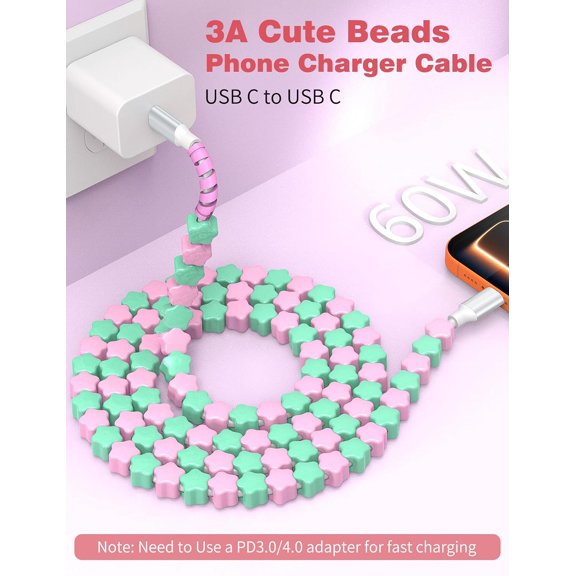DFVYU-USB C to USB C Cable 3FT,60W Fast Charging Beaded Charger Cord for iPhone 17 16 Pro Max 15/iPad Pro 11th Air for Samsung S26 S25 S24 S23 A17/Android Phone Charger Cord Cute Girl Women,Pink-Gree