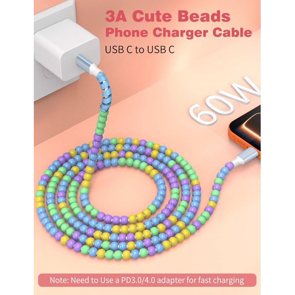 DFVYU-USB C to USB C Cable 6FT,60W Beaded Charger Cord Fast Charging for iPhone 17 16 15 Pro Max/iPad Pro Air 11th/for Samsung S26 S25 S24 Ultra S23/Android Phone Charger Cord Cute Girls Women,Blue-Y