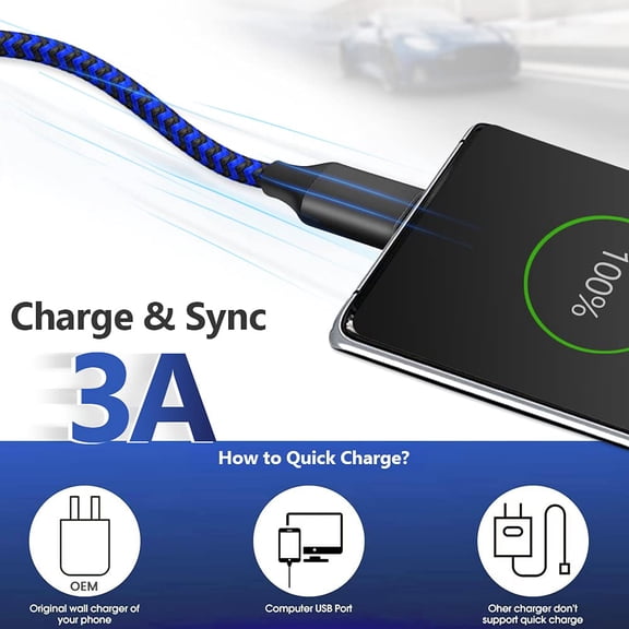 DFVYU-USB Type C Charger Cable 10ft 3 Pack, USB A to USB C Fast Charging Cord Compatible with iPhone 16 15 Pro Max Samsung Galaxy S24 S23 S22 S21 S20 S10, Android Cell Phones and More- Black Blue Red