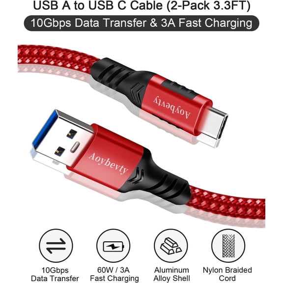 DFVYU-USB A to USB C 3.1/3.2 Cable 2-Pack 3.3ft, 10Gbps Data Transfer and 60W 3A Fast Charging Cable for Android Auto Samsung Galaxy S22 S21 S20 S10 iPad and Other USB Type C Devices