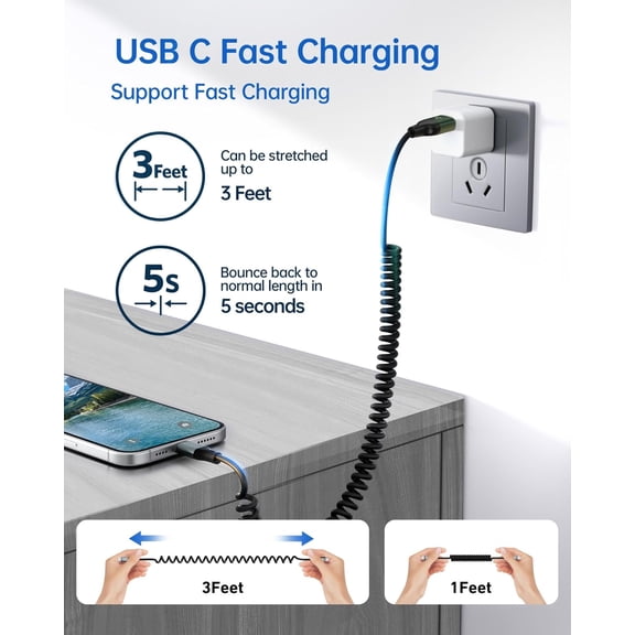 DFVYU-USB A to USB C Cable for Car 3FT/6FT, 2Pack Coiled USB Type C Cable Fast Charging, USB C Cable Compatible with iPhone 17/16/15 Pro Max/Samsung Galaxy S20 S10 Plus Note 10 9 8 and More USB C Dev