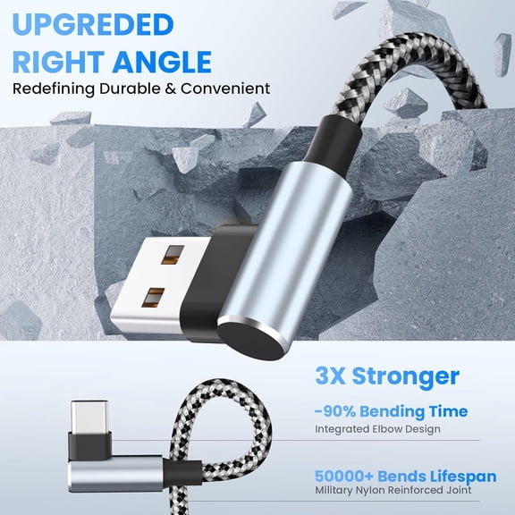 DFVYU-USB to USB C Right Angle Cable, 90 Degree USB Type C Braided Charging Cord 2pack 5FT,USB A to USB C Multi Charging Cable with Type-C, Micro USB, IP Port for iPhone15/14/Android Phones Tablet
