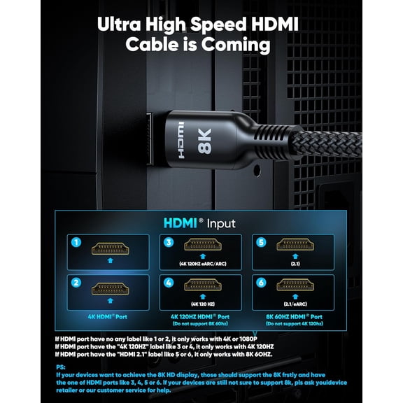 DFVYU-Ultra High Speed 8K HDMI Cable 3.3FT, 2.1 48Gbps Flexible HDMI Braided Cable-8K@60Hz 4K@120Hz DTS:X,HDCP 2.2 & 2.3, HDR 10,eARC,Compatible for Stream Media, HDTV, Ethernet, SoundBar