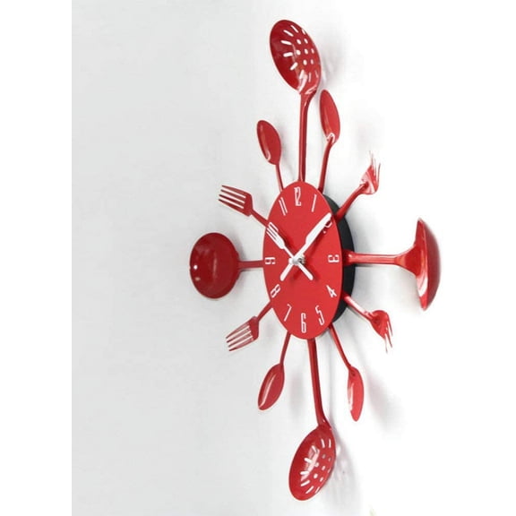 DFVYU-Wall Clock, 16" Metal Kitchen Cutlery Utensil Spoon Fork Wall Clock Creative Modern Home Decor Antique Style Wall Watch (Red)