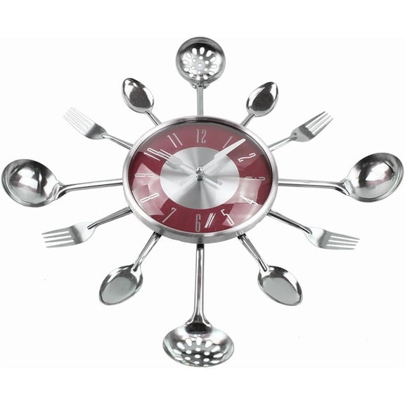 DFVYU-Wall Clock, 18" Metal Kitchen Cutlery Utensil Spoon Fork Wall Clock Creative Modern Home Decor Antique Style Wall Watch (Red)