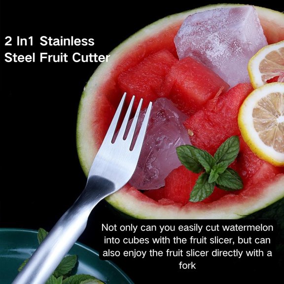 DFVYU-Watermelon Fork Slicer Cutter, 2-In-1 Stainless Steel Fruit Cutter, 2025 Upgrade Portable Melon Slicer Tool for Camping, Picnics, Home, Parties Effortless Cubes & No Mess