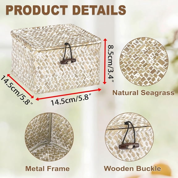 DFVYU-Wicker Shelf Baskets with Lid Handwoven Seagrass Storage Box Decorative Basket Bin Household Organizer Bin for Shelf Bathroom Coffee Table Decor Organizer, X-small