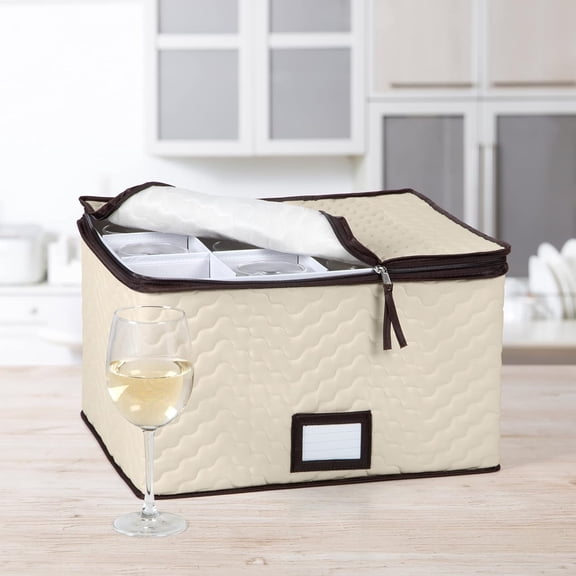 DFVYU-Wine Glass Storage Box with Dividers - Holds 12 Glasses up to 3.75" Wide - Stemware Storage Case - Protects Fine China - Durable Quilted Microfiber Bin with Carry Handles - Ideal for White Wine