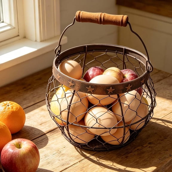DFVYU-. Wire Egg Basket for Gathering Fresh Eggs, Rustic Farmhouse Chicken Egg Collecting Basket with Handle Star Decor for Kitchen Storage Holder Organizer Easter Display Decoration