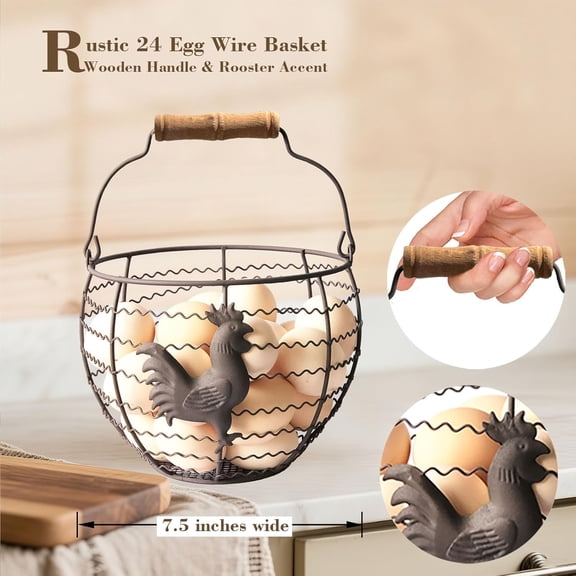 DFVYU-Wire Egg Basket for Gathering Fresh Eggs with Wooden Handle, Rooster Decorated Vintage Style Chicken Egg Collecting Basket, Countertop Eggs Holder for Farmhouse Kitchen & Easter Decor