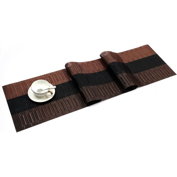 DFVYU-Woven Vinyl Table Runners PVC Table Runners 12 x 90 inch Long Wipeable Bamboo Weave Runner for Tables Indoor Outdoor, Ombre Coffee Black