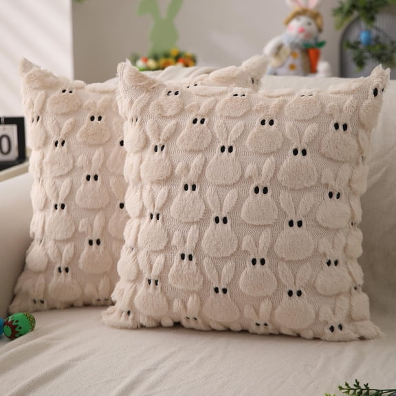 Easter Throw Pillow Covers 18 x 18 Inch Set of 2 Bunny Rabbit Soft Plush Faux Fur Decorative Throw Pillow Covers Spring Cute Bunny Pillowcases for Easter Home Living Room Bed Decor