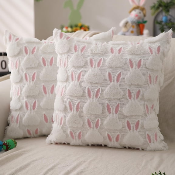 Easter Throw Pillow Covers 18 x 18 Inch Set of 2 Bunny Rabbit Soft Plush Faux Fur Decorative Throw Pillow Covers Spring Cute Bunny Pillowcases for Easter Home Living Room Bed Decor