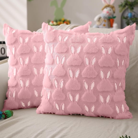 Easter Throw Pillow Covers 18 x 18 Inch Set of 2 Bunny Rabbit Soft Plush Faux Fur Decorative Throw Pillow Covers Spring Cute Bunny Pillowcases for Easter Home Living Room Bed Decor