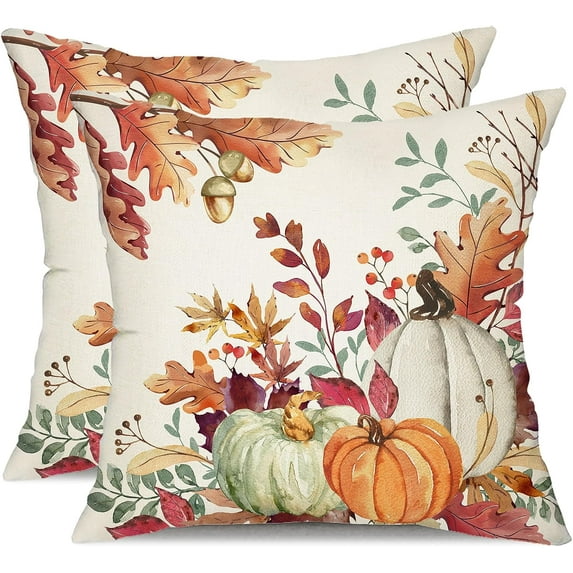 DFXSZ Fall Pillow Covers 20x20 inch Set of 2 Orange White Pumpkin Fallen Leaves Decorative Outdoor Throw Pillow Covers Autumn Thanksgiving Farmhouse Decoration for Home Couch 27